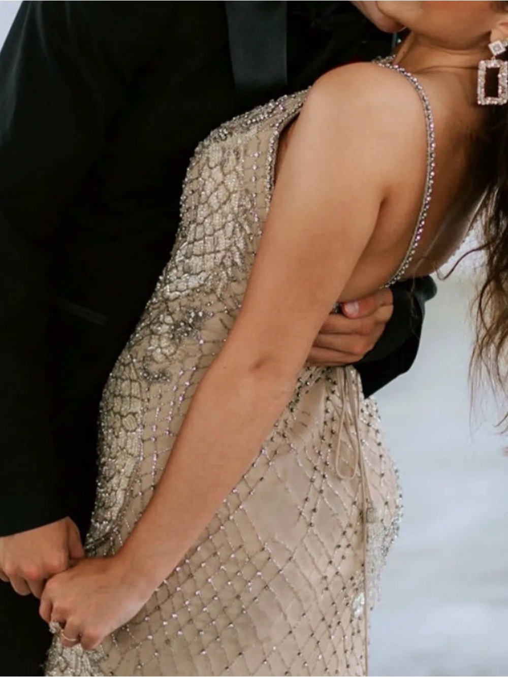 Beaded Champagne Evening Gown with Feather Hem - Picture 3 of 5